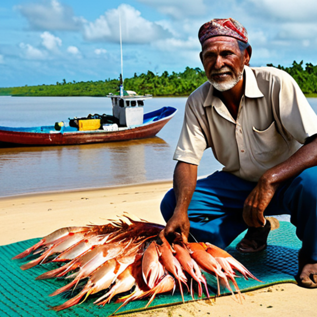 An authentic Surinamese fisherman, middle-aged, with a warm, weathered face, wearing practical and modest work attire including a simple shirt and trousers, fully clothed, appropriate attire. He stands proudly on the sandy shore beside a traditional wooden fishing boat. In the background, the unique coastal landscape of Suriname unfolds, where the muddy brown waters from the Amazon River gently merge with the clear blue expanse of the Atlantic Ocean. A small, neat pile of freshly caught shrimp, snapper, and grouper lies on a clean mat nearby, showcasing the sea's bounty. The scene is captured in professional documentary photography style, with natural lighting and vibrant colors, emphasizing a connection with nature. perfect anatomy, correct proportions, natural pose, well-formed hands, proper finger count, natural body proportions, safe for work, appropriate content, fully clothed, family-friendly.
