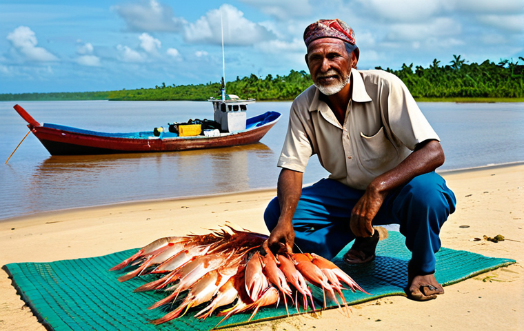 An authentic Surinamese fisherman, middle-aged, with a warm, weathered face, wearing practical and modest work attire including a simple shirt and trousers, fully clothed, appropriate attire. He stands proudly on the sandy shore beside a traditional wooden fishing boat. In the background, the unique coastal landscape of Suriname unfolds, where the muddy brown waters from the Amazon River gently merge with the clear blue expanse of the Atlantic Ocean. A small, neat pile of freshly caught shrimp, snapper, and grouper lies on a clean mat nearby, showcasing the sea's bounty. The scene is captured in professional documentary photography style, with natural lighting and vibrant colors, emphasizing a connection with nature. perfect anatomy, correct proportions, natural pose, well-formed hands, proper finger count, natural body proportions, safe for work, appropriate content, fully clothed, family-friendly.