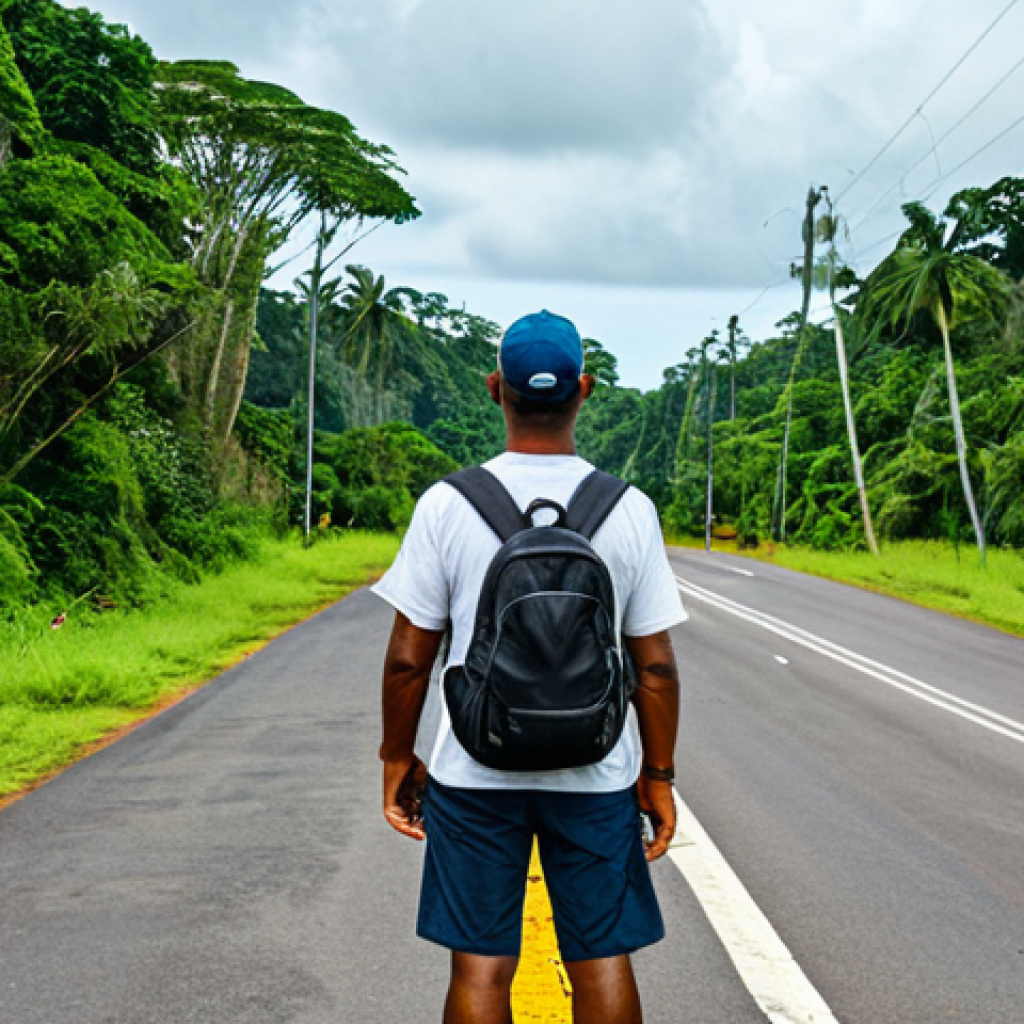 **
"A traveler with a backpack, fully clothed in modest hiking attire, standing at the Suriname-Brazil border crossing, appropriate content, safe for work, surrounded by lush green jungle, perfect anatomy, natural pose, professional photography, daytime scene, clear skies, high quality."
**