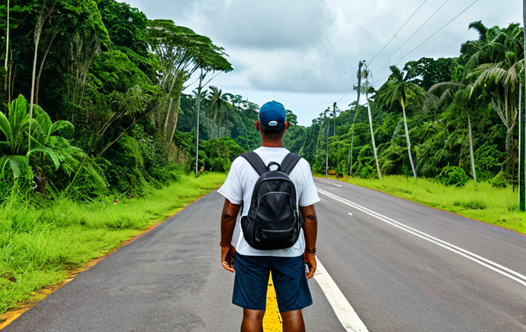 **
"A traveler with a backpack, fully clothed in modest hiking attire, standing at the Suriname-Brazil border crossing, appropriate content, safe for work, surrounded by lush green jungle, perfect anatomy, natural pose, professional photography, daytime scene, clear skies, high quality."
**