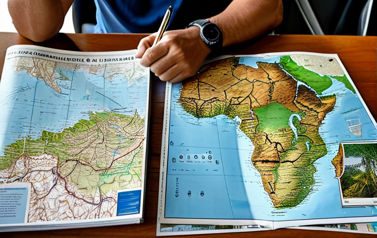 **
A traveler planning a Suriname road trip, sitting at a table with maps, rental car brochures, and travel guides, fully clothed, appropriate attire, safe for work, family-friendly, natural pose, correct proportions, professional photography, high quality.
**