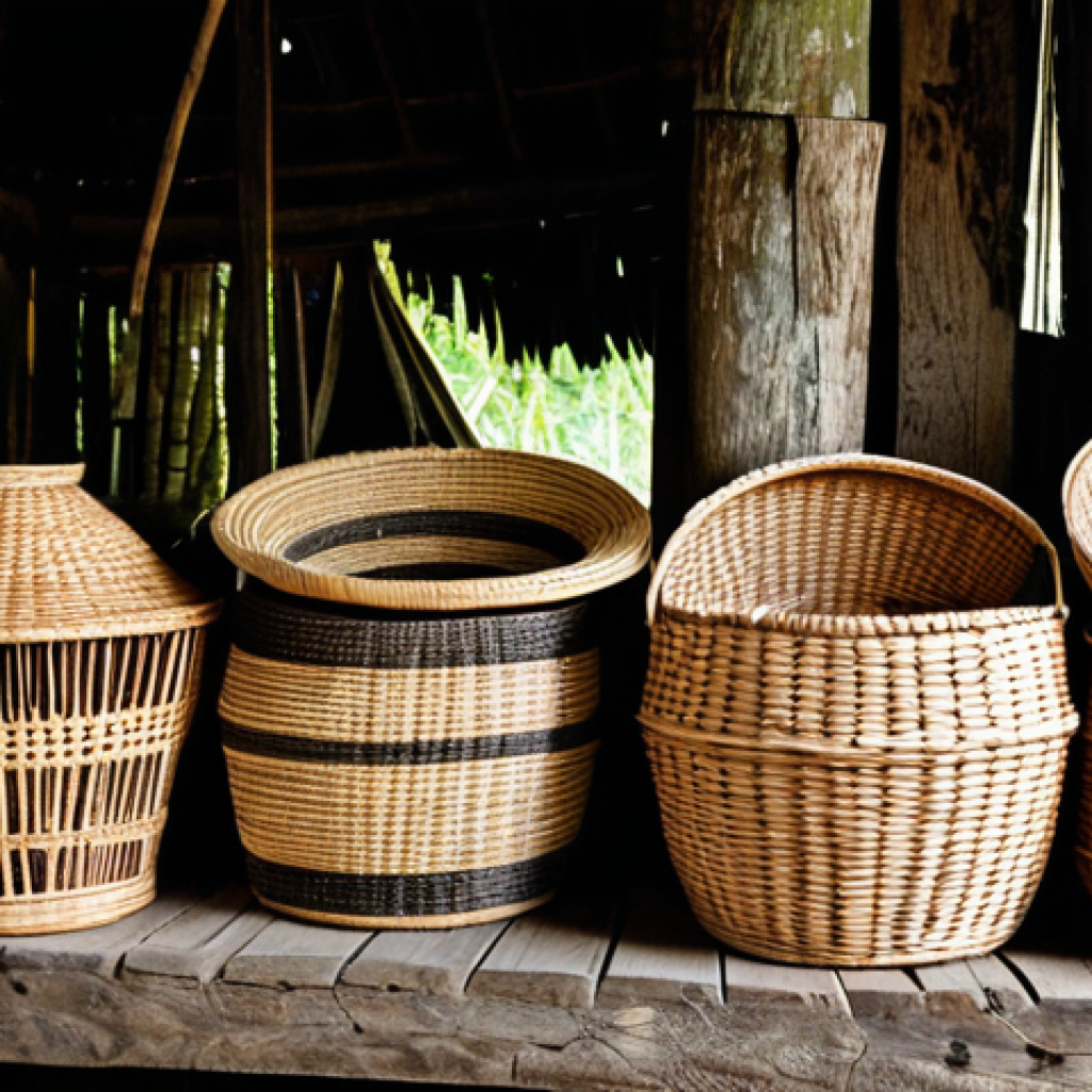**Prompt:** "A collection of intricately woven baskets and mats crafted from natural materials by indigenous artisans in Suriname, displayed in a rustic workshop setting. Focus on the detailed textures and patterns. fully clothed, appropriate content, safe for work, family-friendly, perfect anatomy, correct proportions, well-formed hands, proper finger count, natural body proportions."