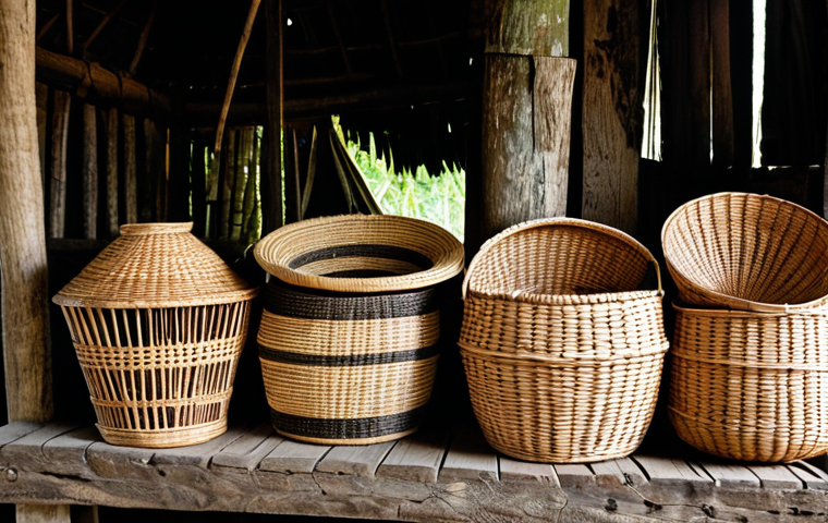 **Prompt:** "A collection of intricately woven baskets and mats crafted from natural materials by indigenous artisans in Suriname, displayed in a rustic workshop setting. Focus on the detailed textures and patterns. fully clothed, appropriate content, safe for work, family-friendly, perfect anatomy, correct proportions, well-formed hands, proper finger count, natural body proportions."