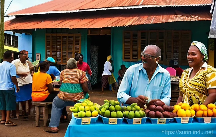 수리남의 대표적인 음료와 술 문화 - **A vibrant street market in Paramaribo, Suriname, bustling with diverse people of Dutch, African, I...