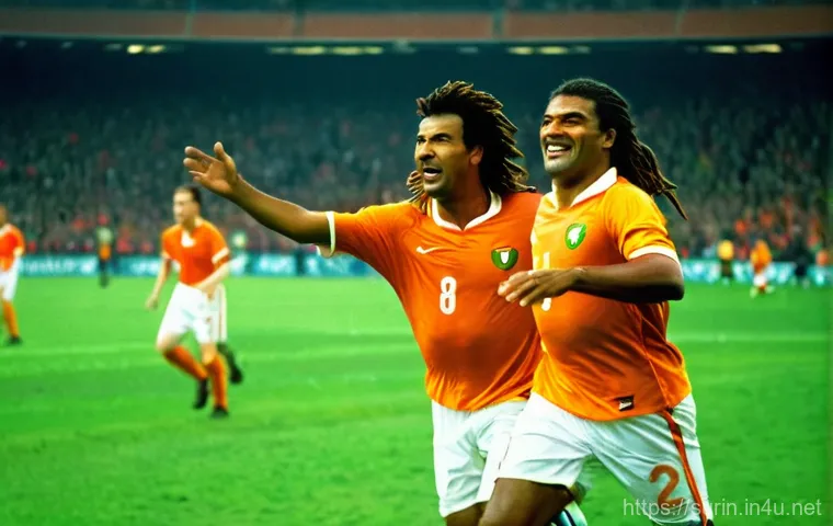 수리남의 유명한 축구 선수와 스포츠 스타 - A dynamic action shot of two legendary Dutch-Surinamese football players, Ruud Gullit with his iconi...