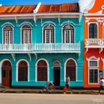 수리남의 가장 오래된 도시와 유적지 - A vibrant street scene in the historic inner city of Paramaribo, Suriname, featuring rows of intrica...