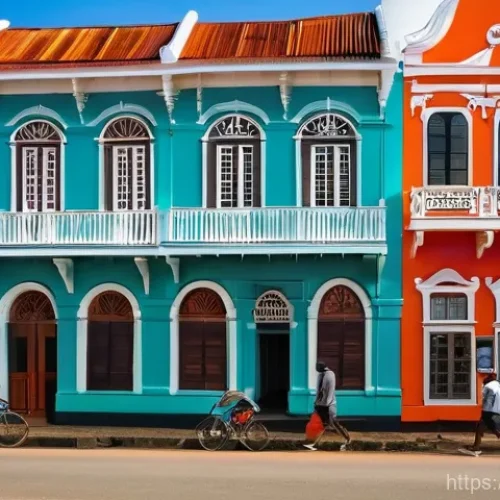 Home 23 수리남의 가장 오래된 도시와 유적지 - A vibrant street scene in the historic inner city of Paramaribo, Suriname, featuring rows of intrica...