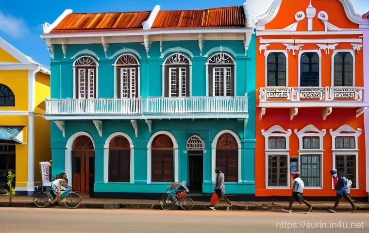수리남의 가장 오래된 도시와 유적지 - A vibrant street scene in the historic inner city of Paramaribo, Suriname, featuring rows of intrica...
