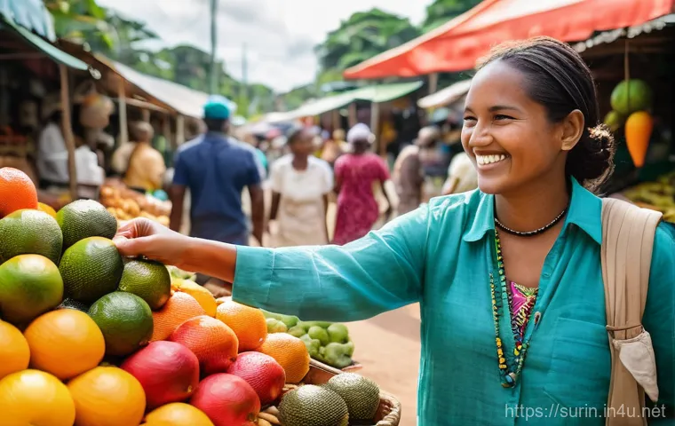 수리남에서 현지인과 소통하는 방법 - A friendly female traveler with warm, genuine smile, dressed in modest, comfortable travel clothing ...