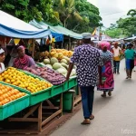 수리남 내에서 네덜란드어 외 사용 언어 - **Vibrant Paramaribo Market:** A bustling street market scene in Paramaribo, Suriname, filled with p...