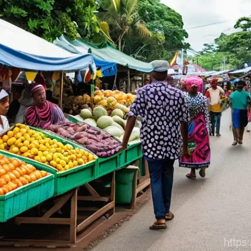 Home 20 수리남 내에서 네덜란드어 외 사용 언어 - **Vibrant Paramaribo Market:** A bustling street market scene in Paramaribo, Suriname, filled with p...