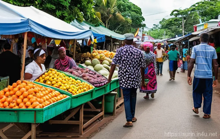 수리남 내에서 네덜란드어 외 사용 언어 - **Vibrant Paramaribo Market:** A bustling street market scene in Paramaribo, Suriname, filled with p...
