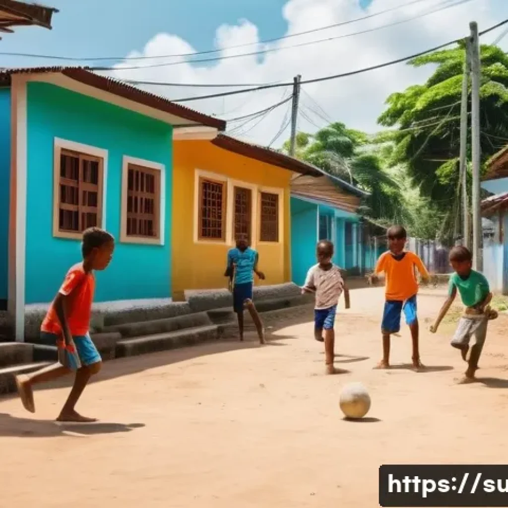 수리남에서 인기 있는 스포츠 베팅 문화 - **Surinamese Street Football Scene:** A vibrant and energetic scene in a Surinamese neighborhood. Ch...