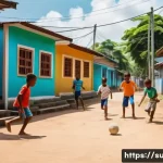 수리남에서 인기 있는 스포츠 베팅 문화 - **Surinamese Street Football Scene:** A vibrant and energetic scene in a Surinamese neighborhood. Ch...